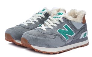 Зимние NEW BALANCE 574 с мехом замша серые с зеленым (35-39)